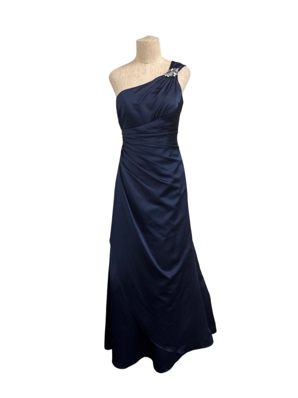 Davids Bridal Navy One-Shoulder Formal Gown With Ruched Bodice Rhinestone Accent